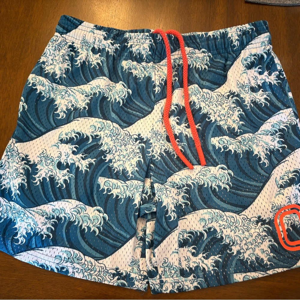 Overtime Wave Pattern Youth Shorts with Red Drawstring